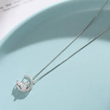 925 Silver Zircon Moon Cat Necklace Pendant Women's Clavicle Chain Jewelry