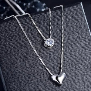 925 Silver Necklace Double Layer Chain Zircon Heart Pendants Women