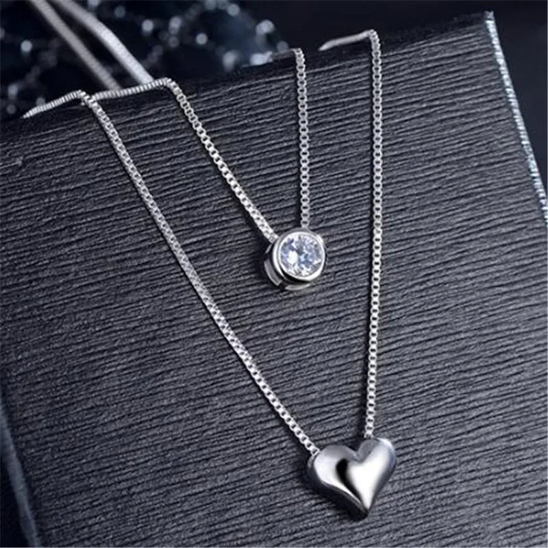 925 Silver Necklace Double Layer Chain Zircon Heart Pendants Women