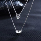 925 Silver Necklace Double Layer Chain Zircon Heart Pendants Women