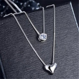 925 Silver Necklace Double Layer Chain Zircon Heart Pendants Women