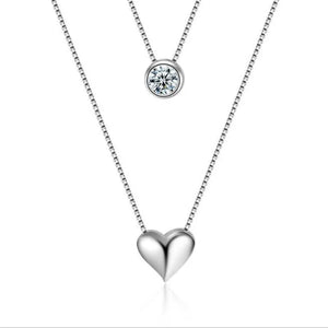 925 Silver Necklace Double Layer Chain Zircon Heart Pendants Women