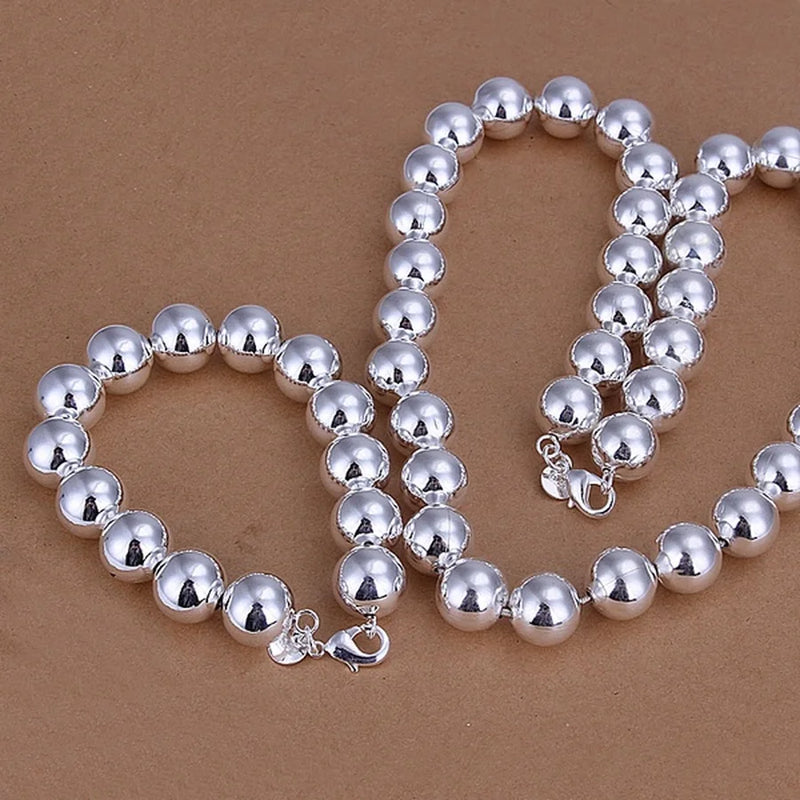 925 Sterling Silver Bracelets Necklace Set 10MM Chain Bead