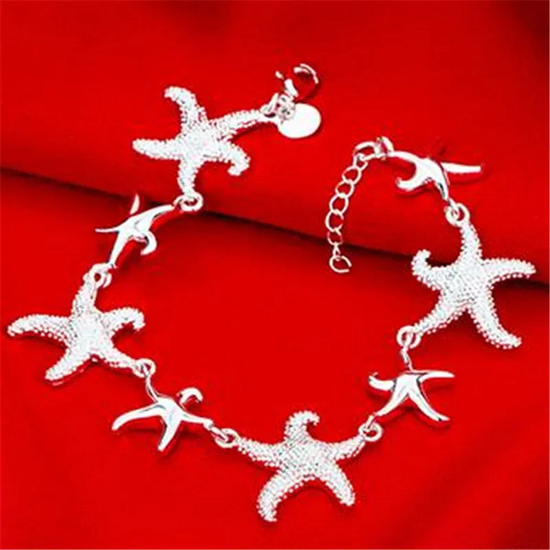 925 Silver Frosted Starfish Charm Bracelet for Women