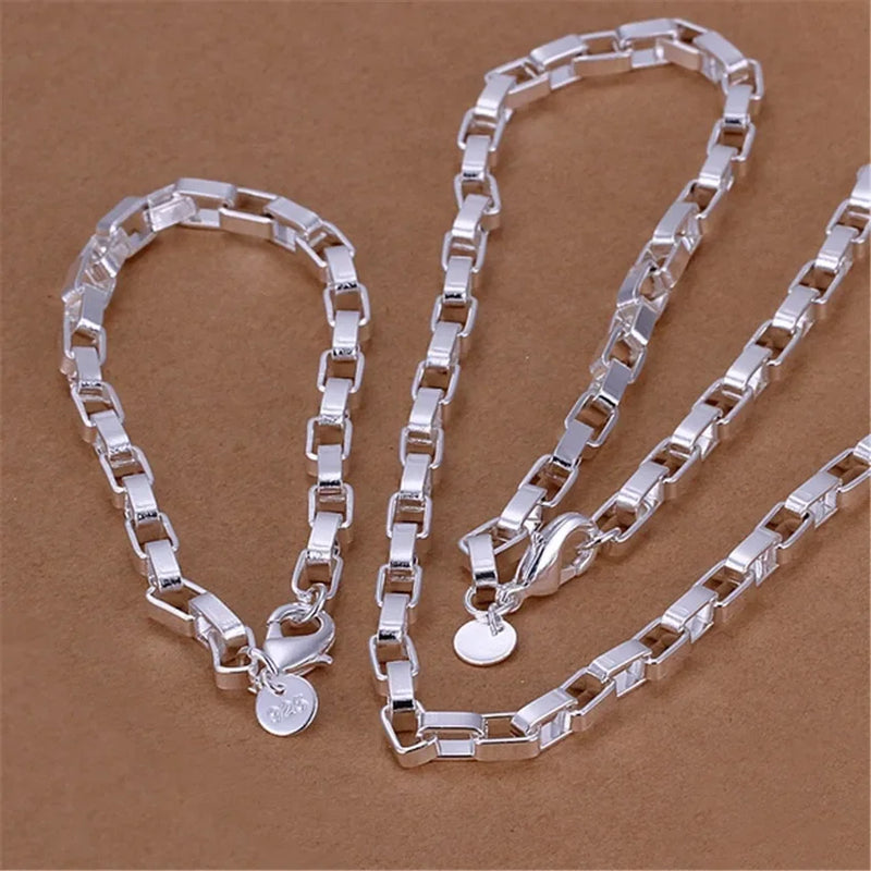 925 Silver Box Chain Bracelets Necklace Set for Men