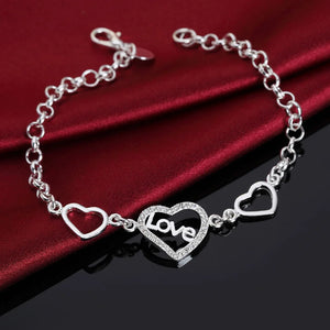 925 Sterling Silver Crystal Heart Chain Bracelet for Women