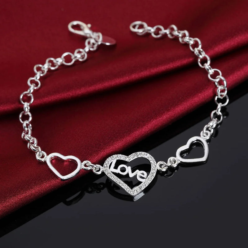 925 Sterling Silver Crystal Heart Chain Bracelet for Women
