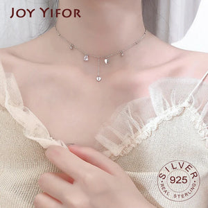 925 Sterling Silver Heart Tassel Necklace Zircon Women Choker