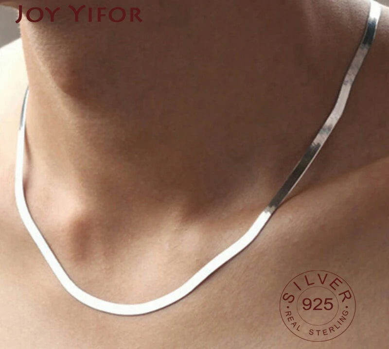 925 Silver Flat Snake Link Chain Necklace Unisex Lobster Clasp Collar
