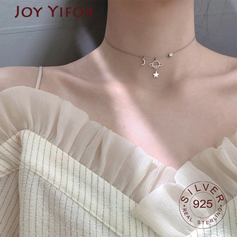 925 Silver Red Planet Moon Necklace CZ Zircon Clavicle Chain