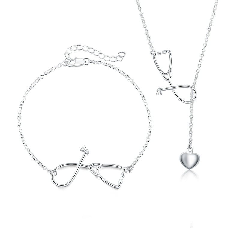 925 Silver Stethoscope Heart Necklace Bracelet Set Women Wedding Jewelry