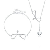 925 Silver Stethoscope Heart Necklace Bracelet Set Women Wedding Jewelry