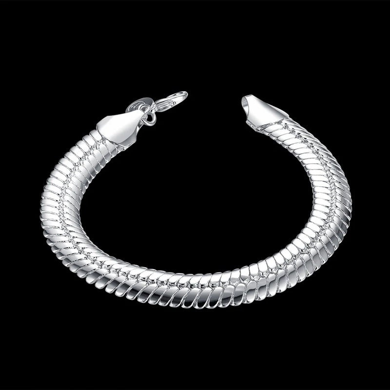 925 Silver 10MM Flat Snake Bone Chain Bracelet Wedding Jewelry