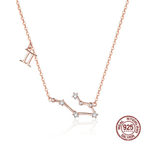 925 Silver 12 Constellation Rose Pendant Necklace with Clear CZ for Women