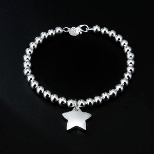 925 Silver 4MM Bead Chain Star Pendant Bracelet Women's Wedding Party Jewelry