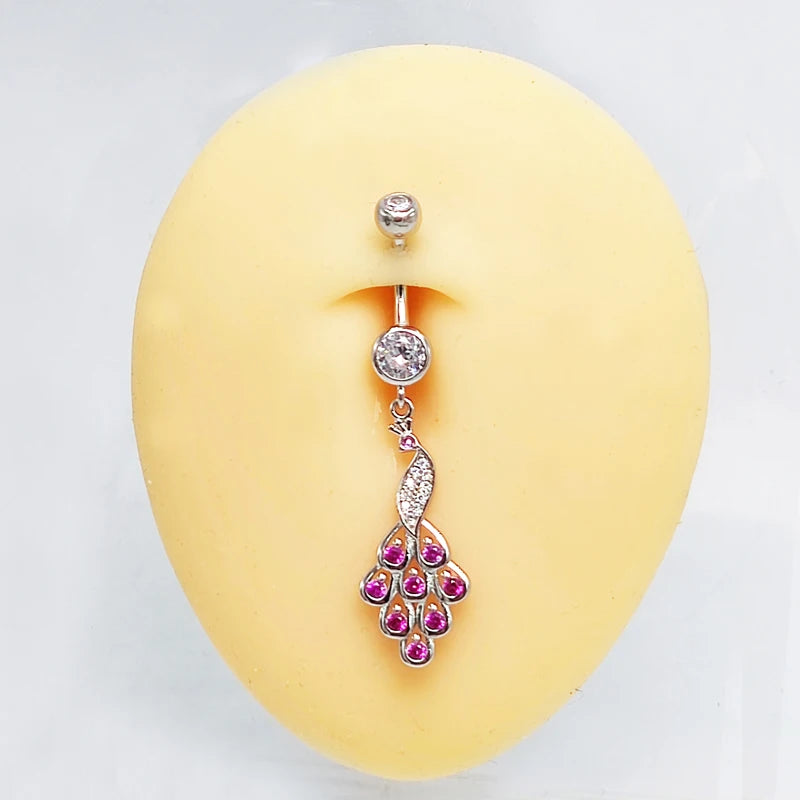 925 Silver Belly Bar Peahen Pink Zircon Body Piercing