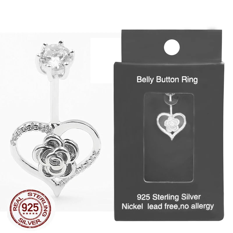925 Silver Belly Button Bar Ring Heat Shape Flower Navel Piercing