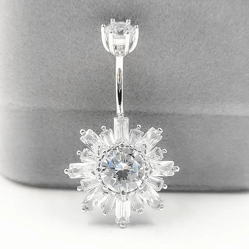 925 Silver Belly Button Ring Flower CZ Navel Piercing Jewelry