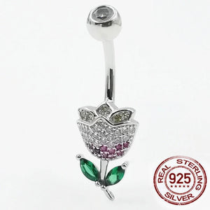 925 Silver Belly Button Ring Rose Flower CZ Navel Piercing Jewelry