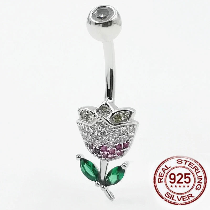 925 Silver Belly Button Ring Rose Flower CZ Navel Piercing Jewelry