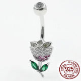 925 Silver Belly Button Ring Rose Flower CZ Navel Piercing Jewelry