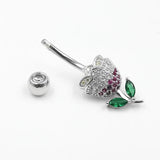 925 Silver Belly Button Ring Rose Flower CZ Navel Piercing Jewelry