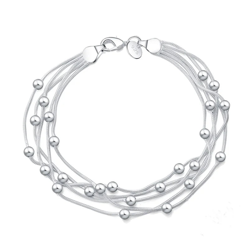 925 Silver Snake Chain Round Beads Bracelet for Women