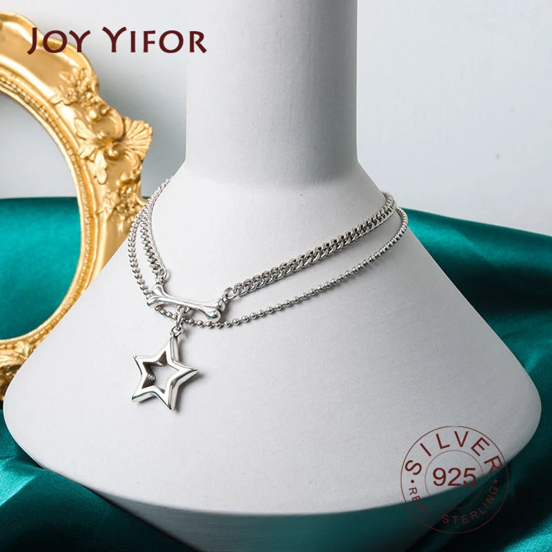 925 Silver Chain Necklace Double Line Stars Boho Style Woman Jewelry