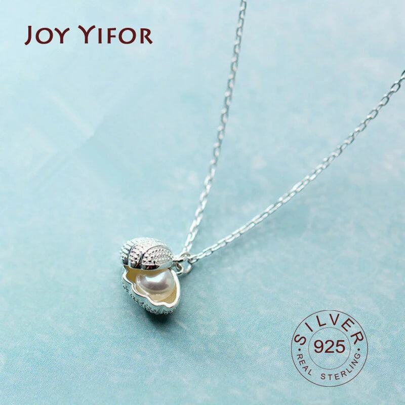 925 Sterling Silver Shell Pearl Crystal Pendant Necklace