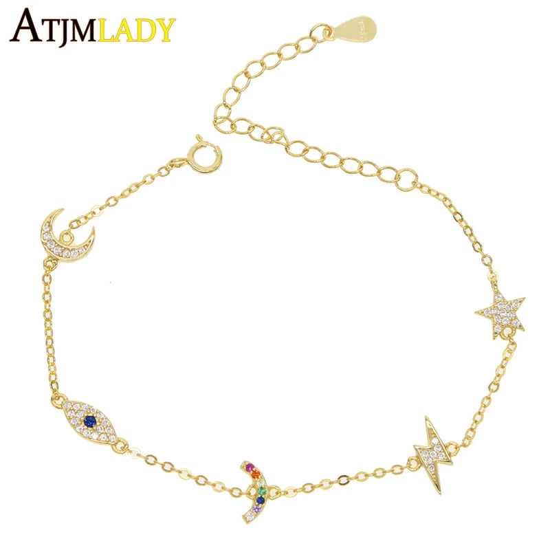 925 Silver Cz Charm Bracelet Moon Star Lightning Eye Colorful Cz