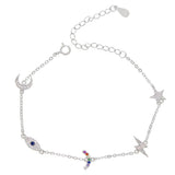925 Silver Cz Charm Bracelet Moon Star Lightning Eye Colorful Cz
