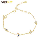 925 Silver Cz Charm Bracelet Moon Star Lightning Eye Colorful Cz