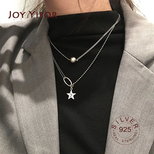 925 Silver Double Layer Star Pearl Necklace CZ Wedding Party Jewelry