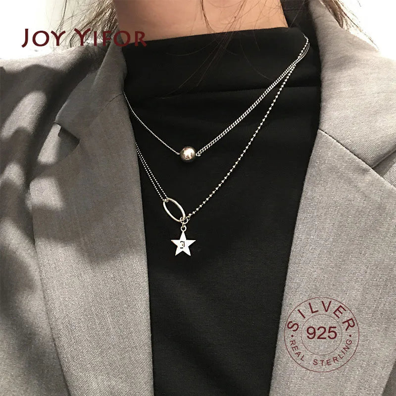 925 Silver Double Layer Star Pearl Necklace CZ Wedding Party Jewelry