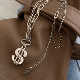 925 Silver Double Layer Dollar Shape Chain Necklace Zircon Jewelry