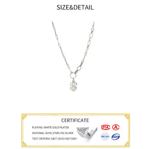 925 Silver Double Layer Dollar Shape Chain Necklace Zircon Jewelry
