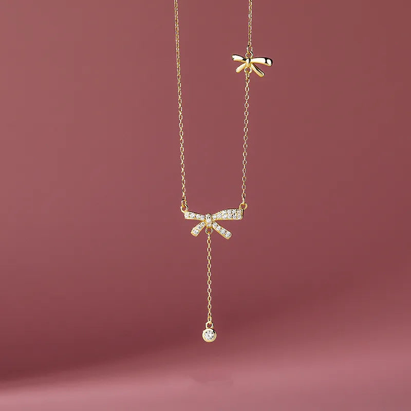 925 Silver Zircon Bow Necklace for Women Sweet Clavicle Chain
