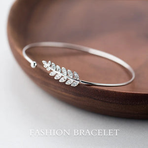 925 Silver Branch Leaf Wheat Bangle Cuff Bracelet CZ