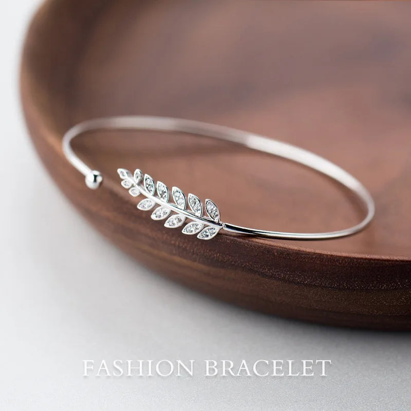 925 Silver Branch Leaf Wheat Bangle Cuff Bracelet CZ