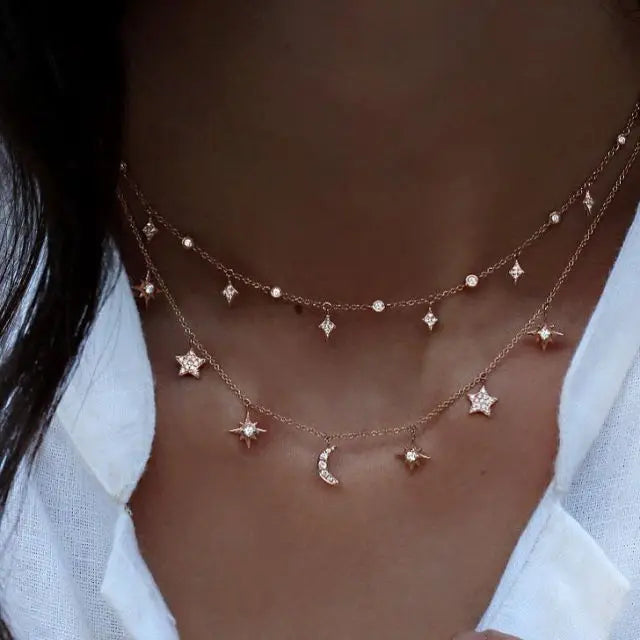 925 Silver Love Moon Star Necklace Choker Women Statement Jewelry