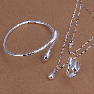 925 Silver Jewelry Set for Women Water Droplets Pendant Necklace Bracelet Rings