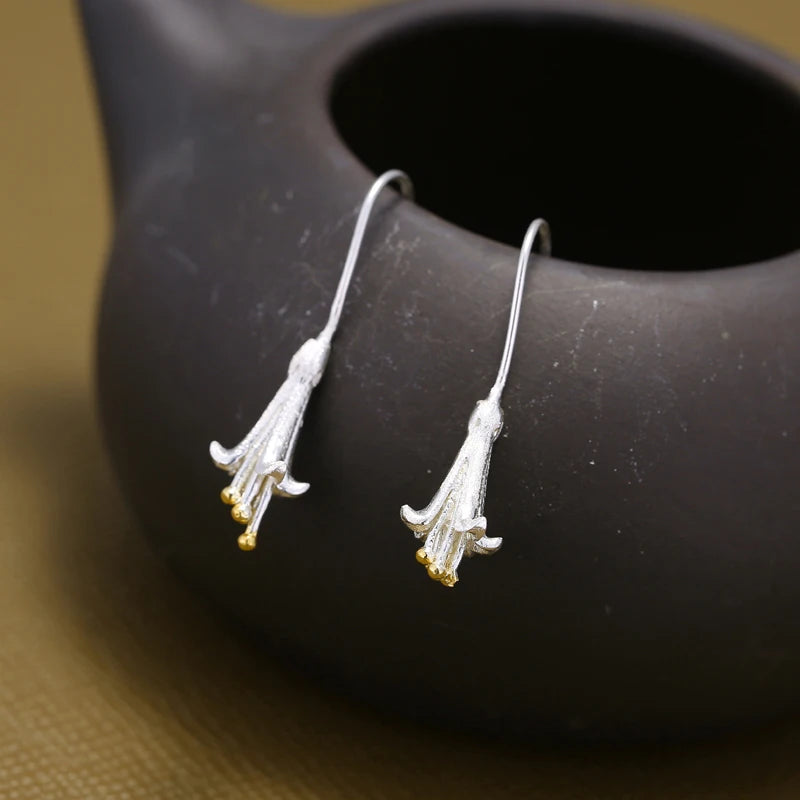 925 Silver Long Flower Earrings Prevent Allergy