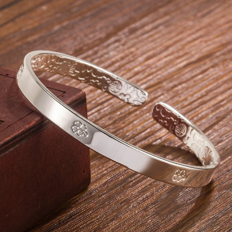 925 Silver Lucky Leaf Glossy Cuff Bracelet Bangle Women Jewelry