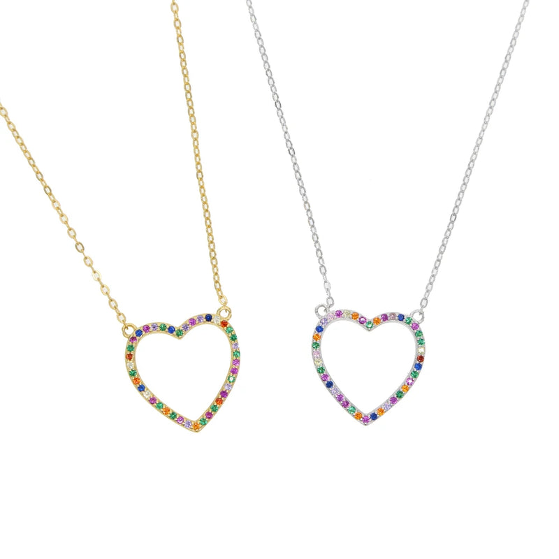 925 Silver Sweet Love Heart Necklace Rainbow CZ Gift