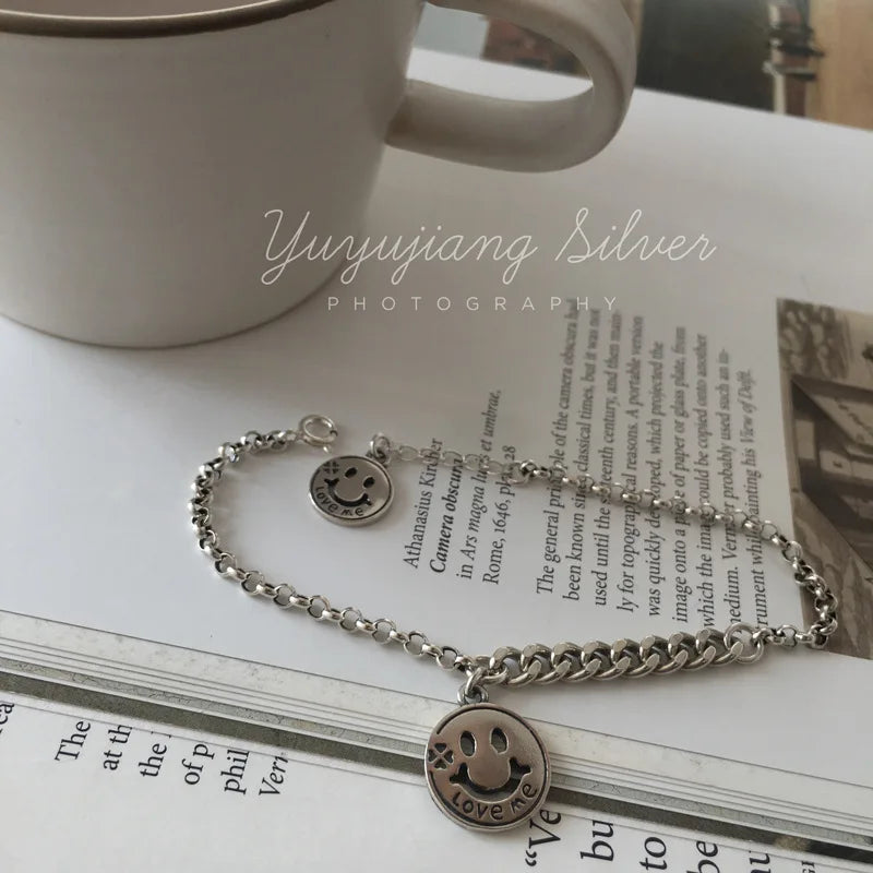 Vintage Round Card Bracelet Thai Silver Face Jewelry for Women Men