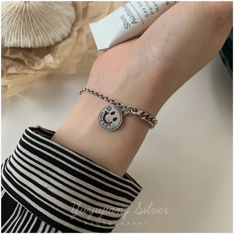 Vintage Round Card Bracelet Thai Silver Face Jewelry for Women Men