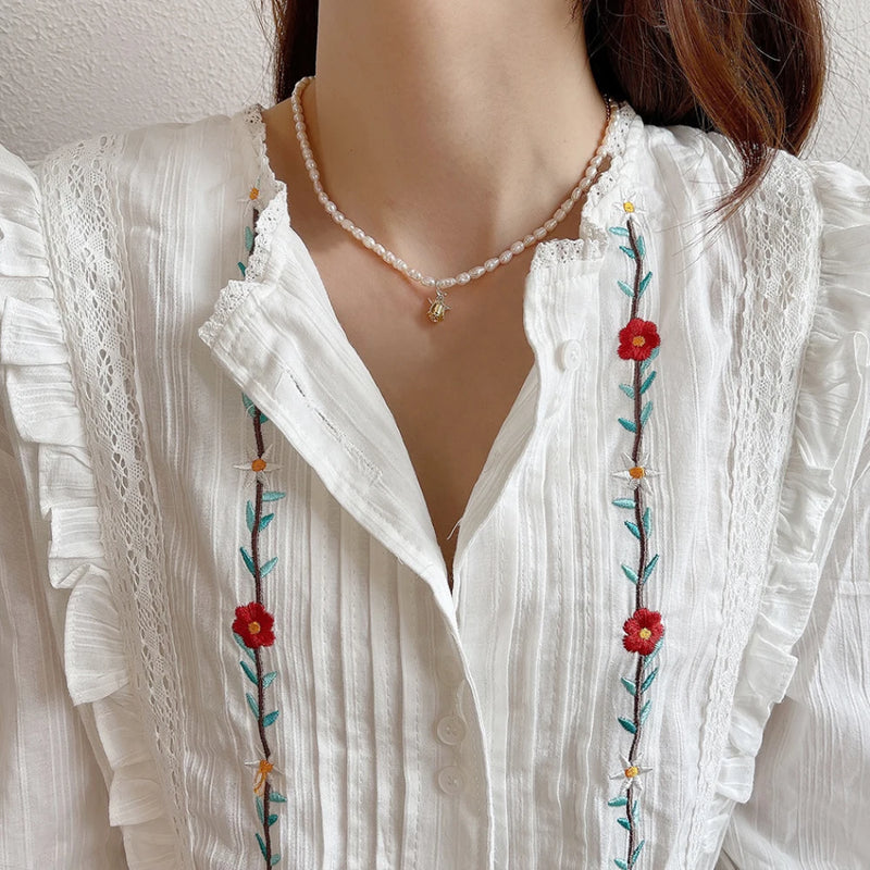 925 Sterling Silver Freshwater Pearl Necklace Double Tone Rose Flower Love