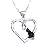 925 Silver Heart Pendant Crystal Cat Necklace for Women