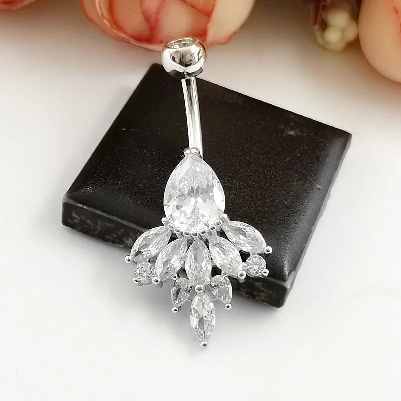 925 Silver Bell Button Ring Peafowls CZ Navel Piercing Body Jewelry