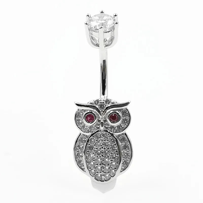 925 Silver Owl Belly Button Ring CZ Navel Piercing Jewelry